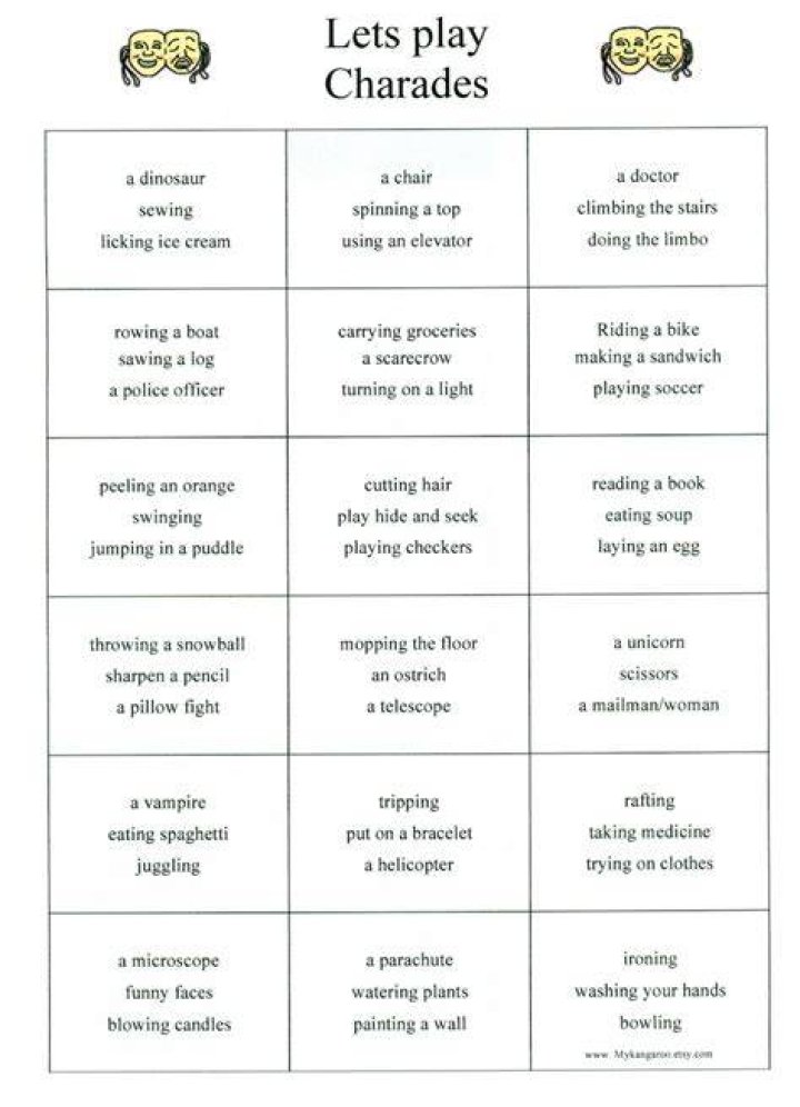 charades categories silly charade ideas Charades words, Charades word