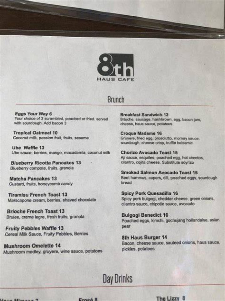 Menu at 8th Haus Cafe, Anaheim